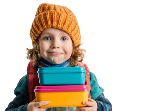 A first-grade student holding a colorful lunchbox, their face beaming with anticipation for lunch, on a white background.