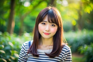 Naklejka premium Beautiful Young Asian Woman Smiling in a Park.