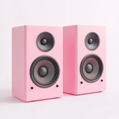 240805 174. Bookshelf speakers, soft pink hue, white background, 3D Rendering, isometric, acoustically tuned, wooden enclosure, silk dome tweeters