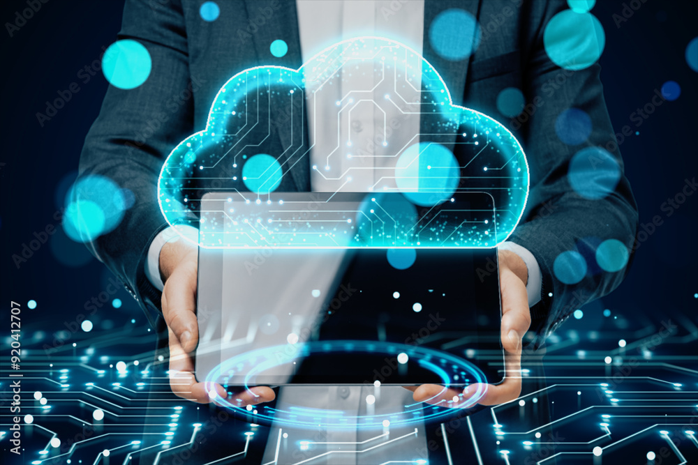 Poster Close up of businessman hands holding tablet with creative cloud computing hologram on blurry bokeh background. Database and storage concept. Double exposure.
