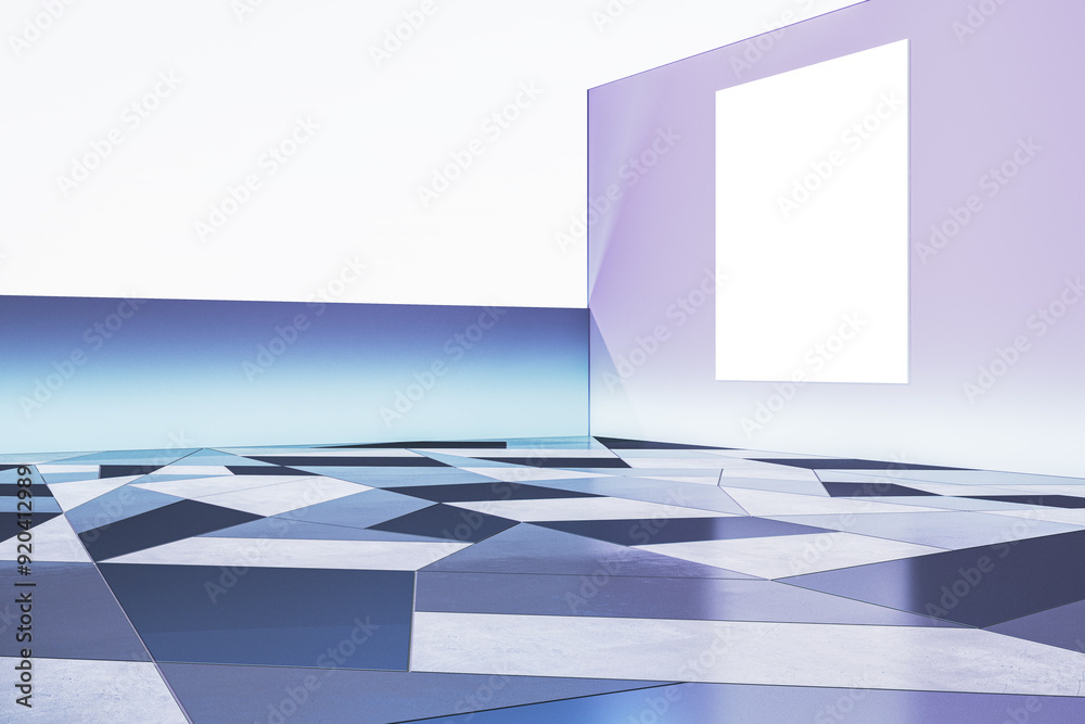 Poster modern white and blue geometric gallery interior with empty mock up frame on wall. exhibition and ar
