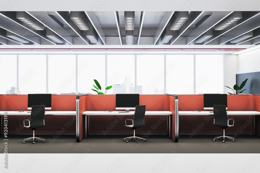 Aufkleber light red coworking interior with partitions and panoramic windows with city view. 3d rendering.