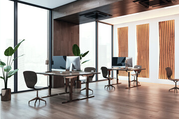 Bright designer office interior with decorative wall, panoramic windows and furniture. 3D Rendering.