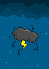 Poster of thunderstorm clouds in dark sky. Thunderstorm, rain, night. Vector illustration.