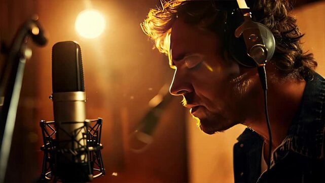Soulful Echoes in the Studio: A male musician loses himself in the music, his raw emotion illuminated by the warm glow of the recording booth, capturing the essence of artistic passion and dedication.