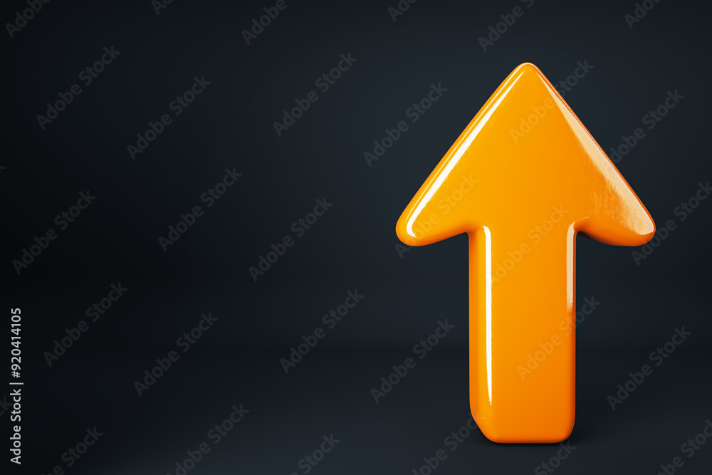 Poster orange arrow on black backdrop with mock up place for your advertisement. direction and success, gro