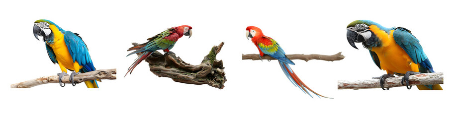 Macaw parrots on branch, Set of macaw perched on a branch, cut out - stock png