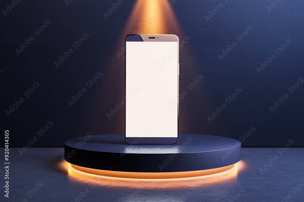 Poster Empty white smartphone screen placed on illuminated round podium on dark concrete wall background. Mock up, 3D Rendering.