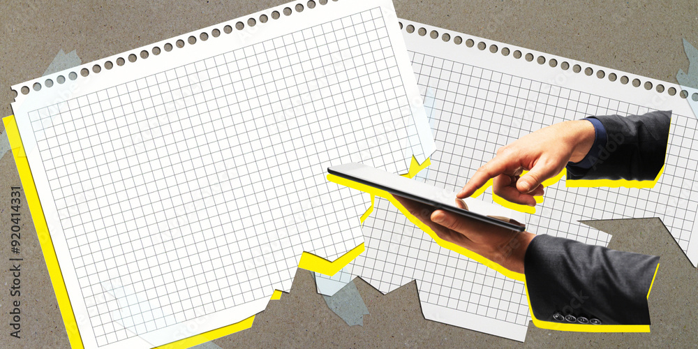 Poster close up of male hands using tablet next to abstract torn copybook sheets on gray background. mock u