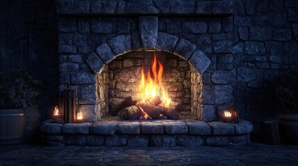 Stone Fireplace with Burning Fire and Lanterns