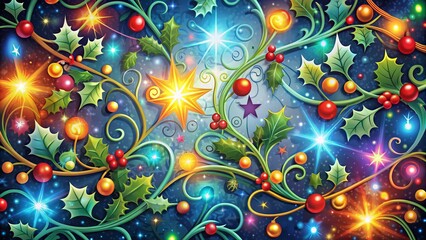 Vibrant colorful illustration of swirly Christmas lights wrapped around ornate snowflakes, festive holly leaves, and glittering stars, evoking a magical holiday atmosphere.
