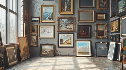 Examine the use of frames in virtual art galleries. How do digital frames in online galleries replicate or differ from physical frames
