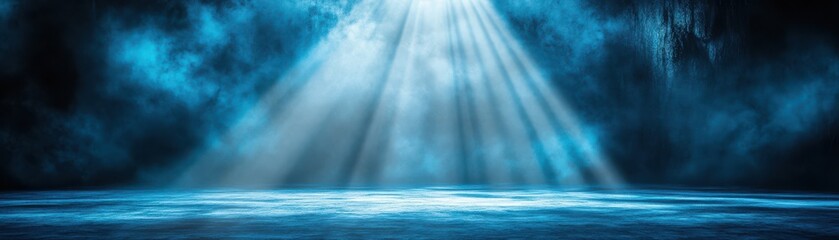 Obraz premium A stunning blue beam of light illuminating a dark space, creating an atmospheric and captivating scene for creative projects.