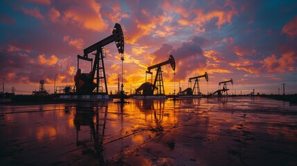 Obraz premium Oil pumps silhouetted against a vibrant sunset with colorful clouds in a rural landscape