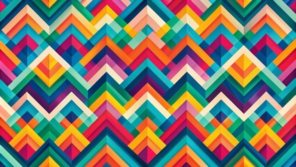 Vibrant geometric flat pattern background featuring colorful intersecting shapes, chevrons, and triangles in a seamless repeat, perfect for design and creative projects.