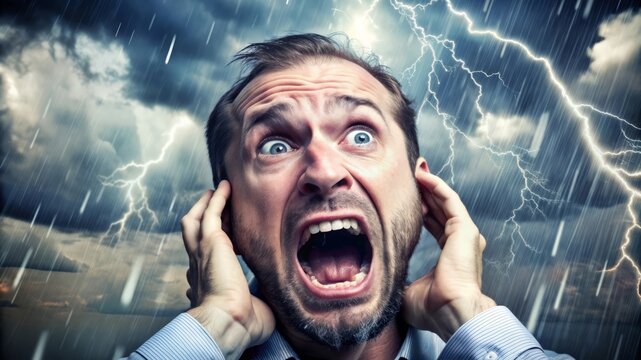 Man Screaming in Terror During a Thunderstorm.