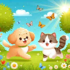 Naklejka premium 犬と猫が仲良く遊んでいるイラスト