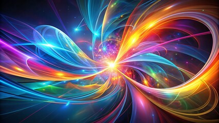 Vibrant multicolored swooshes and curves dynamically intersect, forming a stylized abstract shape, conveying energy, movement, and modern technology in a futuristic digital graphic design.