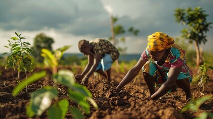 Two Black African woman farmers planting trees to combat climate change and global warming in Africa.