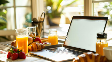 Laptop computer with mockup white screen on table with breakfast: juice, croissant, berries. Online grocery shopping, food delivery app ads concept, cook book diet plan nutrition recipes culinary blog