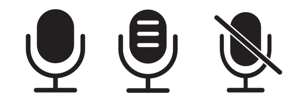 Audio microphone on and mute icon set. Microphone symbol for your web site design, logo, app, UI. Vector line icon for Business and Advertising