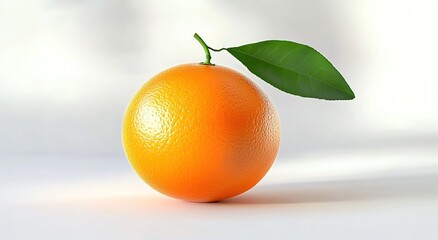 A realistic photo of an orange with a green leaf on a white background
