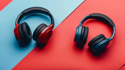 one Headphones on colorful (multicolor tonal transitions) background. Poster layout with free text (copy) space.