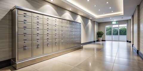 A sleek row of modern mailboxes lined up in a clean, well-lit apartment building foyer, with a neutral background and no people in sight.