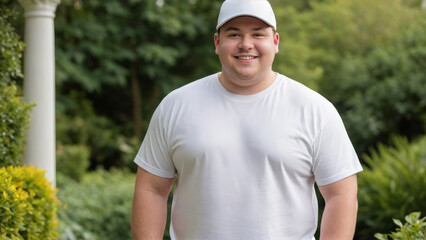 Fototapeta premium Plus size young man wearing white t-shirt and white baseball cap standing in the garden