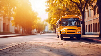 Fototapeta premium Yellow School Bus Parked on a Sunny Street in the Morning.