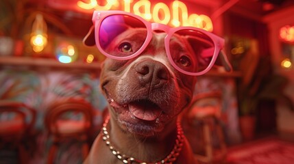 Happy smiling dog taking self portrait on the in the party. Portrait of a cute bluenose  imitating a selfie shot by the pool in the summer