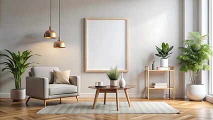Fototapeta premium Minimalist living room interior design with a white armchair, wooden coffee table and a large poster on the wall.
