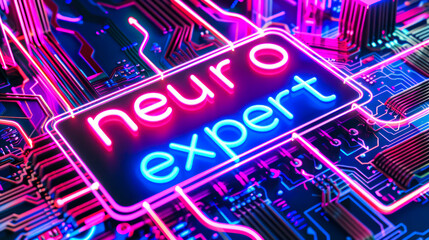 Neon nameplate with neuro expert text on circuit board. Neuro illustrator, data analyst, ML engineer. Artificial intelligence Digital profession education. computer technology, data, AI specialist