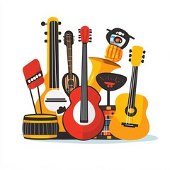 240805 56. A simple vector icon illustration depicting the group of musical instrument items at center for a website isolated white background