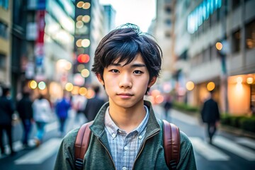 Young Man Walking in Japanese City.
