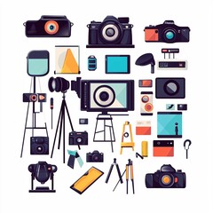 240805 13. A simple vector icon illustration depicting the group of photography equipment and art items at center for a website isolated white background including easels, flash units, and memory