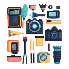 Fototapeta premium 240805 14. A simple vector icon illustration depicting the group of visual arts tools at center for a website isolated white background with photography equipment like light meters, filters, and