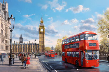 The Quintessential Reflection of British Life: Iconic London Bus, Big Ben and the Busyness of City Life