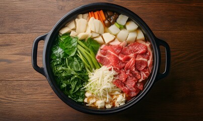 Japanese shabu-shabu hotpot dish with beef, mushrooms, and various vegetables,  Generative AI