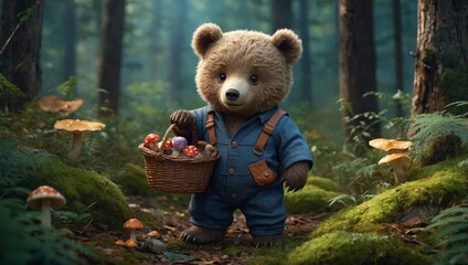 cute little bear cub wearing trousers collect mushroom