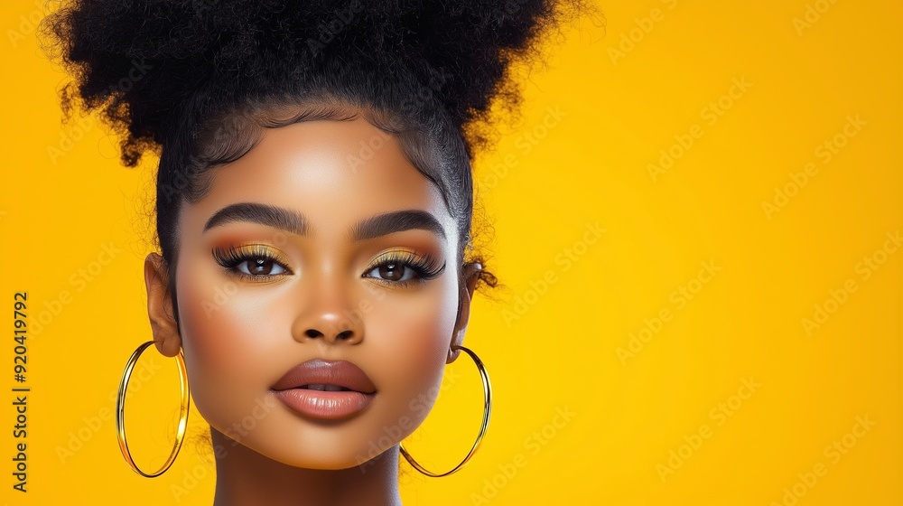 Poster a woman with gold hoop earrings and a yellow background. she has a nice smile and is looking at the 