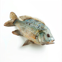 Naklejka premium Tilapia fillet lying on the surface, isolated on white background. Professional food photography showcasing the fish in a clean view.