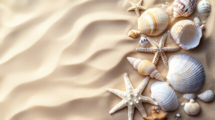 Picturesque sandy beach with seashells, starfish, and sand textures evokes summer bliss.
Perfect for postcards or travel brochures with ample space for captions.