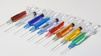 High-quality photo of syringes without needles, viewed from an angle, showcasing their design and structure in a clinical context.

