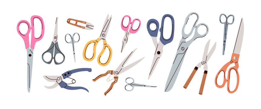 Scissors tool set. Shears with sharp blade for cutting, accessory for paper craft, tailoring, DIY, hairdresser. Professional metal equipment. Flat vector illustration isolated on white background