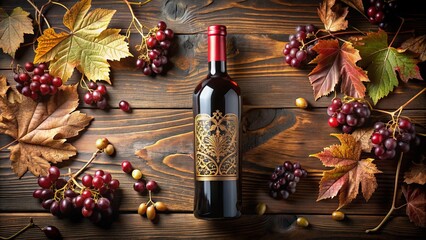 Vibrant red wine bottle with elegant label and gold foil stamping, surrounded by vine leaves and grapes, on a rustic wooden table setting.