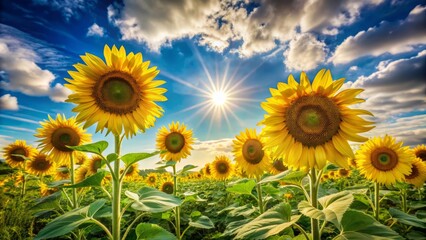 Fototapeta premium Vibrant sunflowers stretch towards the sky in a lush, green meadow, basking in warm sunlight beneath a brilliant blue sky with fluffy white clouds.