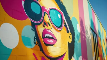 Vibrant street art featuring a bold, colorful portrait of a woman with sunglasses, set against a bright mural backdrop.