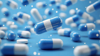 Blue-white antibiotic capsule pill and capsule pills bottle. Antibiotic drug resistance. Pharmaceutics concept. Pharmaceutical industry. Pharmacy product. Capsule pills production. Antimicrobial drug.