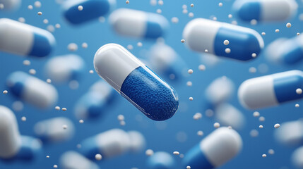 Blue-white antibiotic capsule pill and capsule pills bottle. Antibiotic drug resistance. Pharmaceutics concept. Pharmaceutical industry. Pharmacy product. Capsule pills production. Antimicrobial drug.